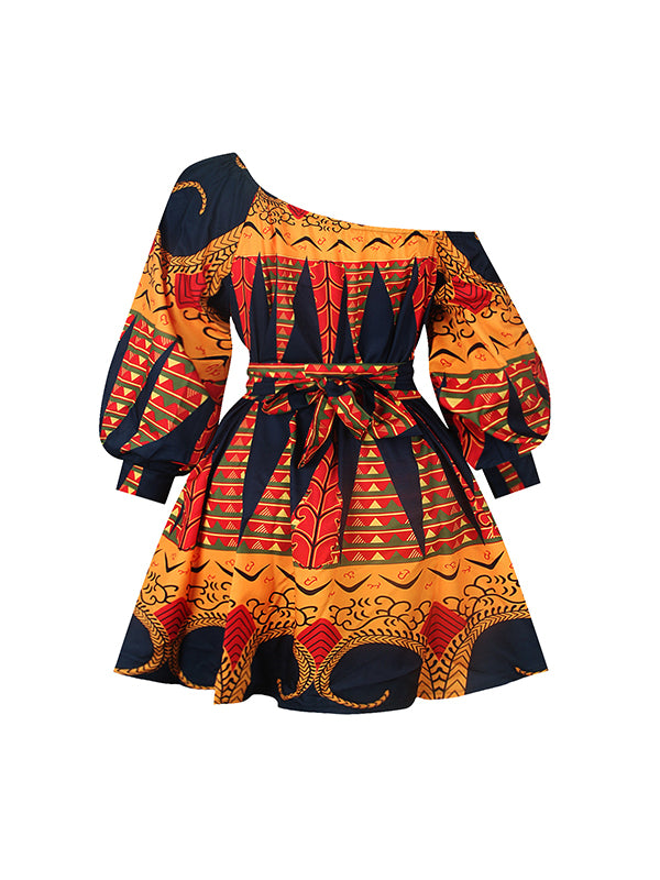 Elasticity Printed Tied Waist High Waisted Loose One-Shoulder Mini Dresses