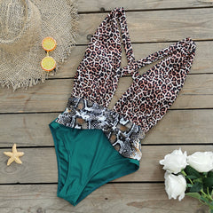 V Neck Animal Printed One Piece Swimsuit