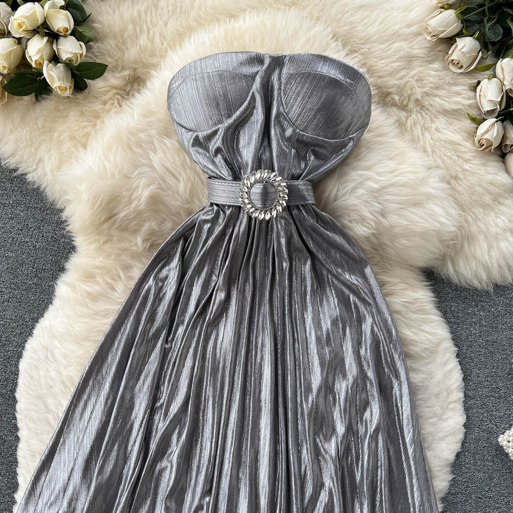 Flaxmaker Bandeau Backless Waist Shiny Party Dress