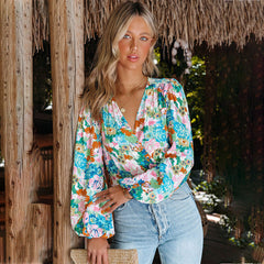 Fashion  Lantern Long Sleeve Blossom Printed Shirt