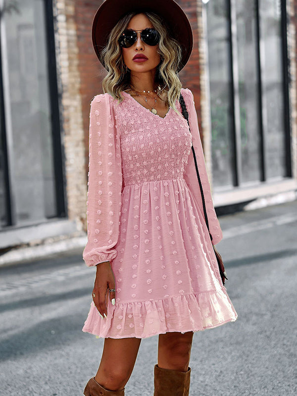 Vacation High Waisted Loose Solid  V-Neck Dress