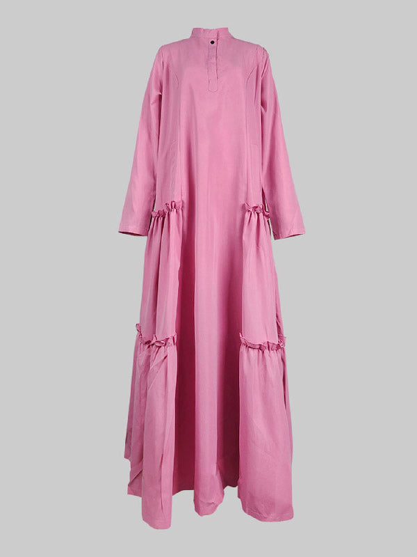 Buttoned Layered Pleated Pockets Ruffled Solid Color Split-Joint A-line Long Sleeves Stand Collar Maxi Dresses