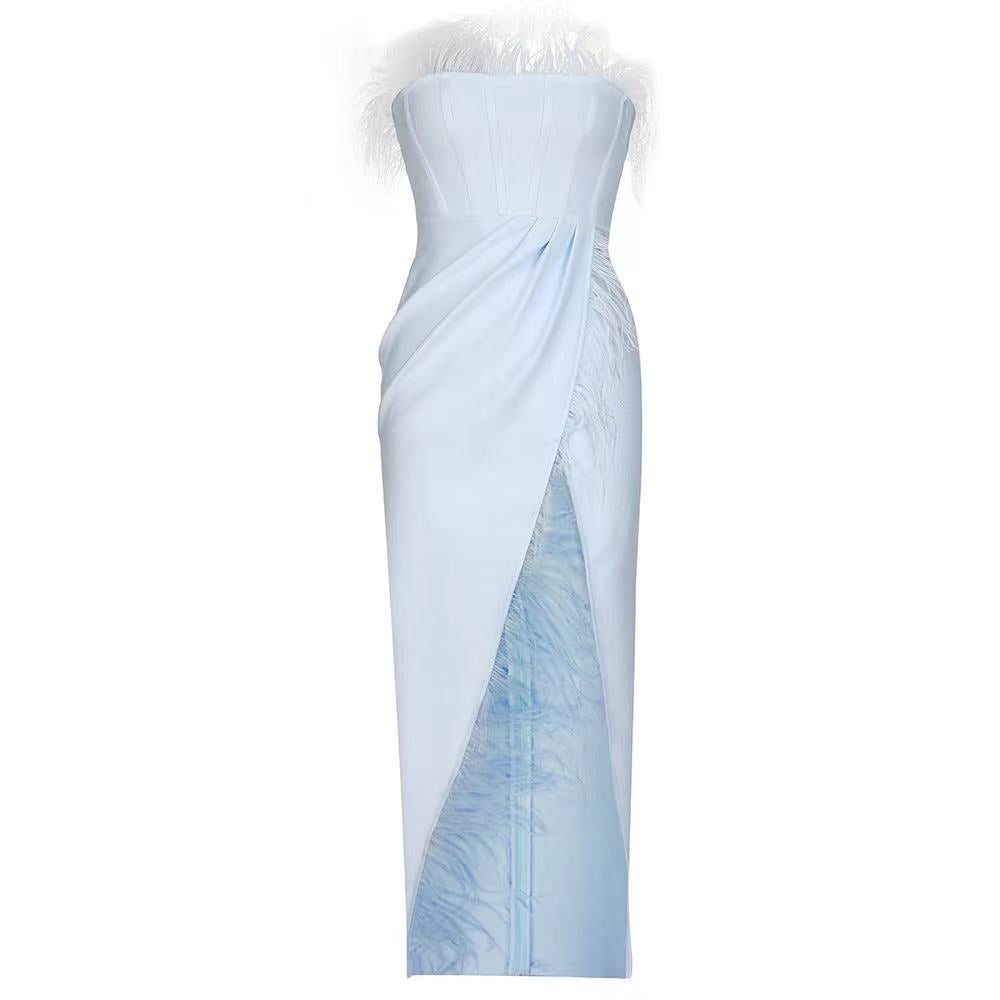 Off Shoulder Fuzzy Trim Split Thigh Midi Dress Flaxmaker