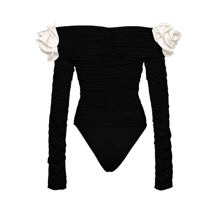 Flaxmaker Black Off Shoulder 3D Flower Long Sleeve One Piece Swimsuit and Skirt