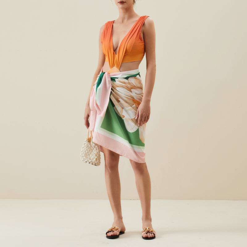 Flaxmaker Color Block Gradient Cutout One Piece Swimsuit and Cover Up
