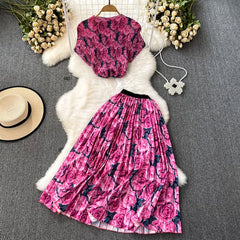 Fashion Printed Pleated Slim Top and Skirt Set Flaxmaker
