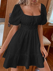 Backless Bowknot Elasticity Pleated Solid Color Split-Joint High Waisted Loose Square-neck Mini Dresses