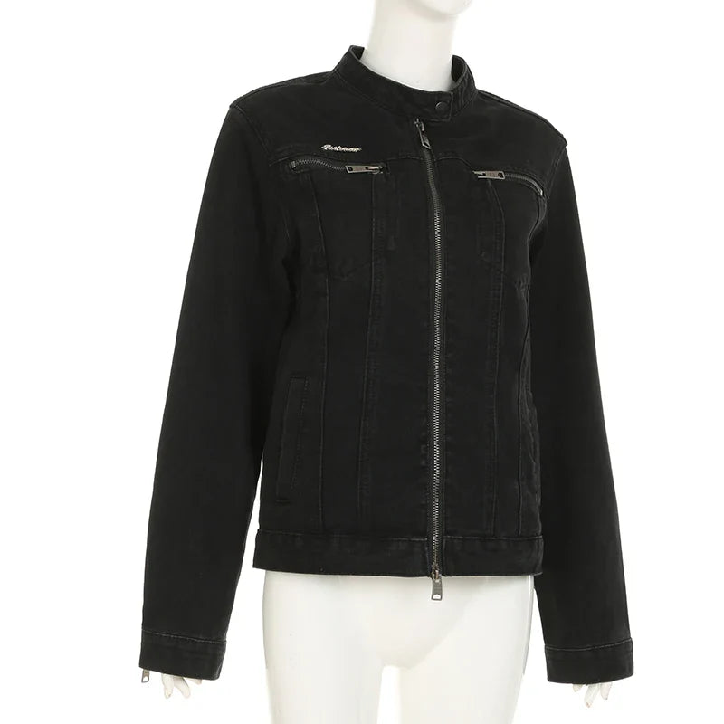 Black Double Zipper Denim Jacket
