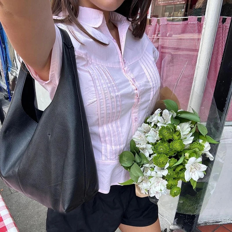 Pink / White Pleated Seam Short Sleeve Buttoned Blouse