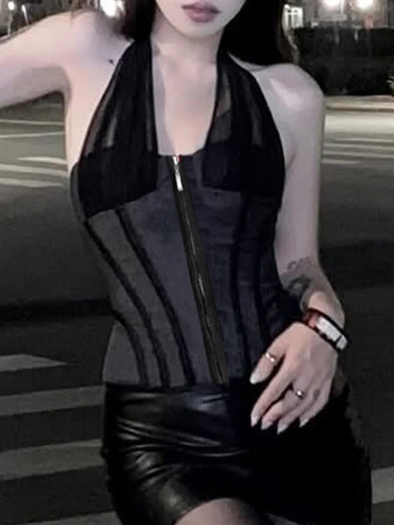 Black Mesh Halter Corset Top - Structured Streetwear Style