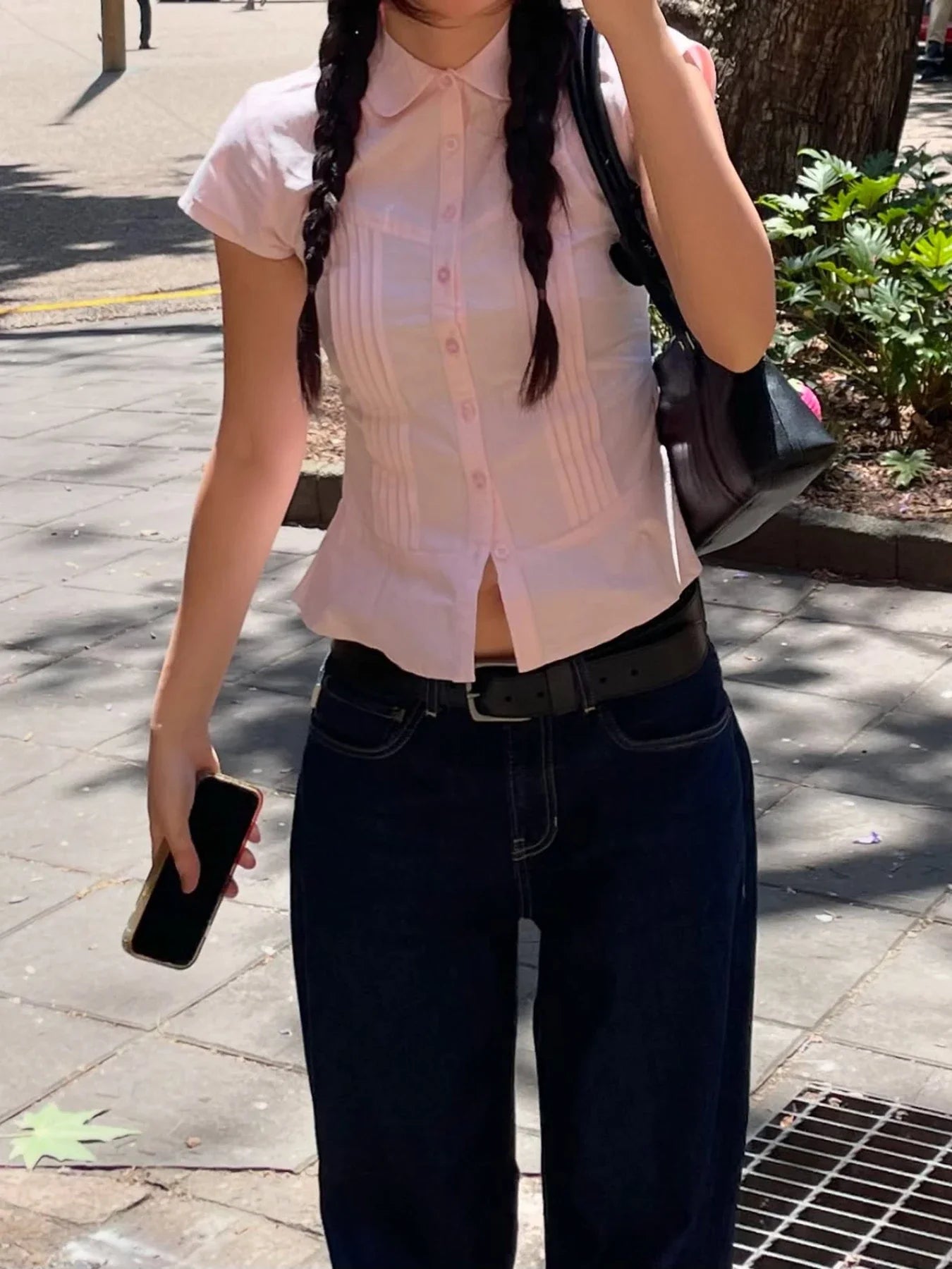 Pink / White Pleated Seam Short Sleeve Buttoned Blouse