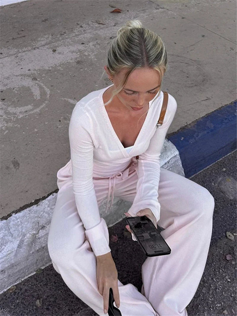 Solid Wrap Around Top And Drawstring Pants Set