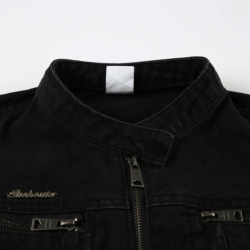 Black Double Zipper Denim Jacket