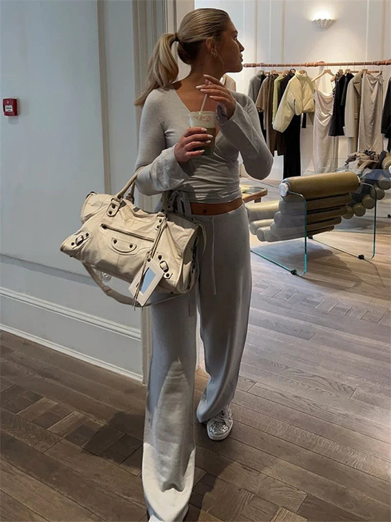 Solid Wrap Around Top And Drawstring Pants Set