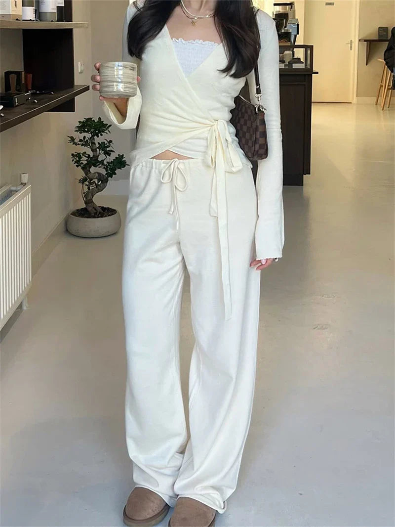 Solid Wrap Around Top And Drawstring Pants Set