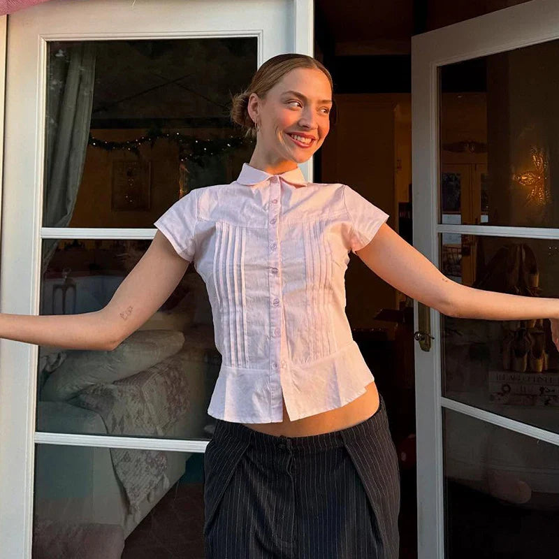 Pink / White Pleated Seam Short Sleeve Buttoned Blouse