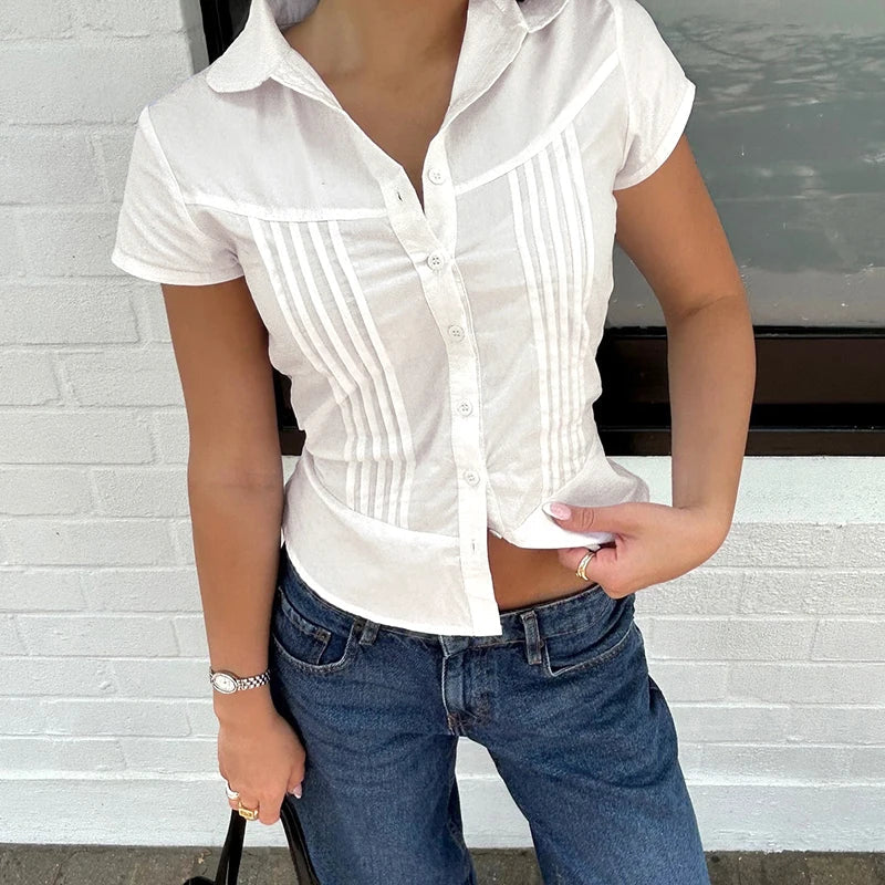 Pink / White Pleated Seam Short Sleeve Buttoned Blouse