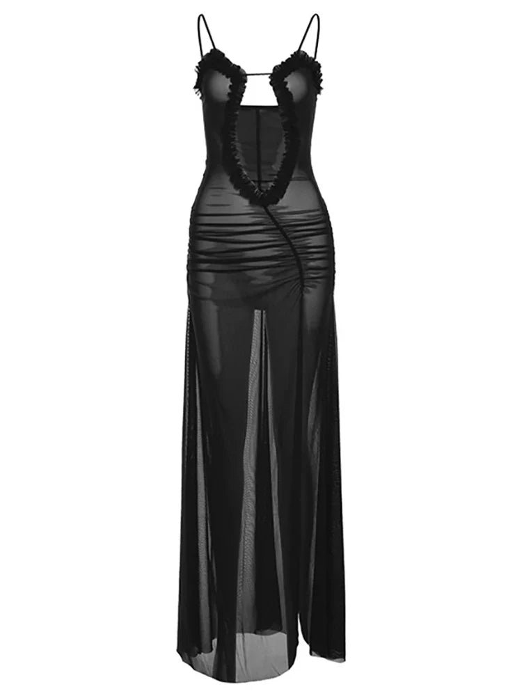 Backless Mesh Split Sleeveless Maxi Dress