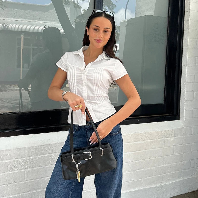 Pink / White Pleated Seam Short Sleeve Buttoned Blouse