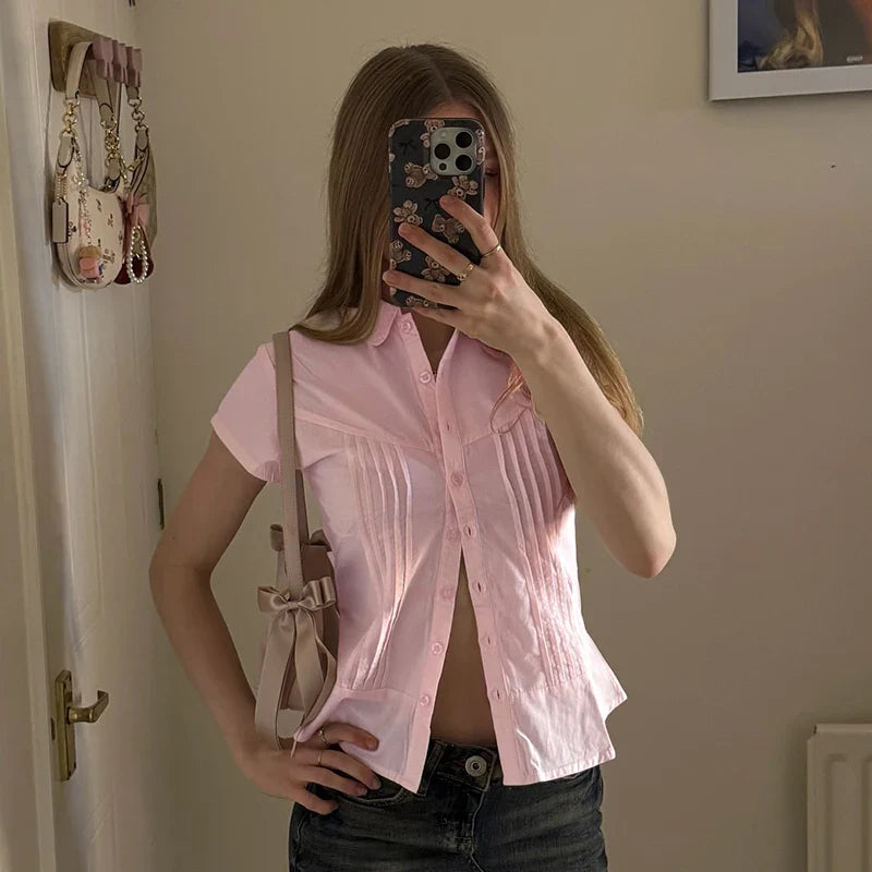 Pink / White Pleated Seam Short Sleeve Buttoned Blouse