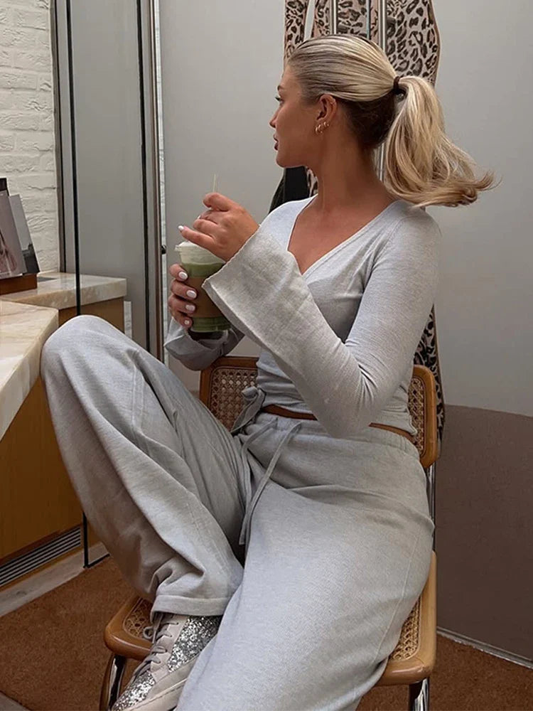 Solid Wrap Around Top And Drawstring Pants Set