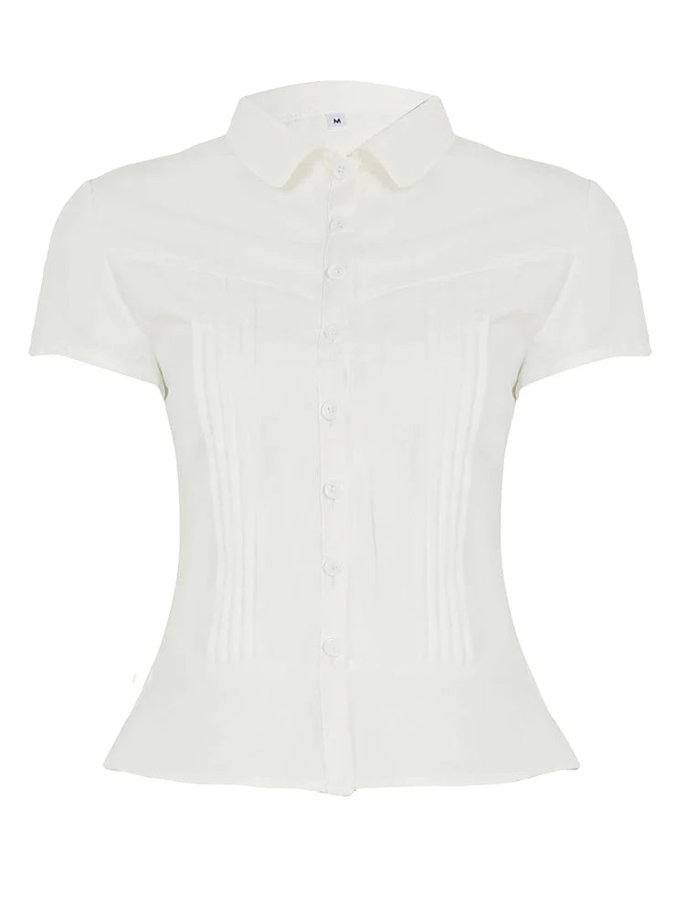 Pink / White Pleated Seam Short Sleeve Buttoned Blouse