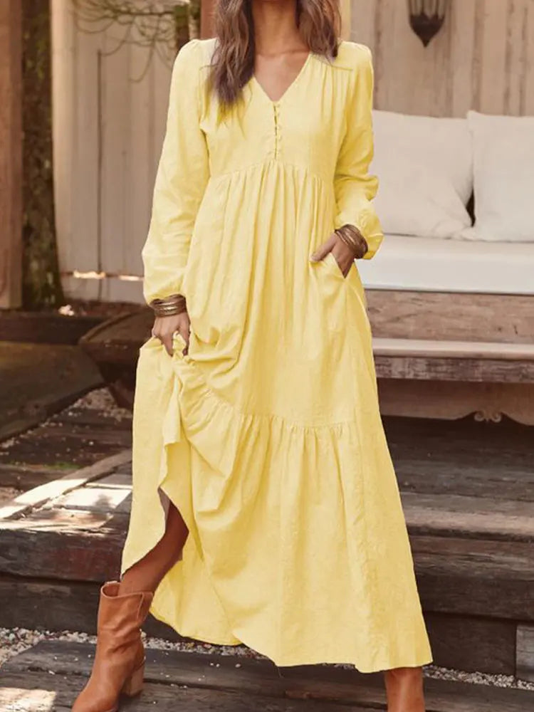 Retro Solid Color Maxi Cotton Boho Dress for