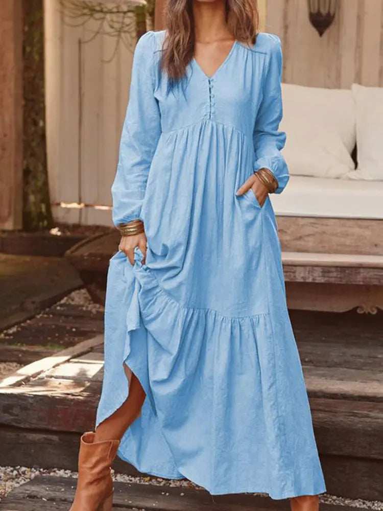 Retro Solid Color Maxi Cotton Boho Dress for