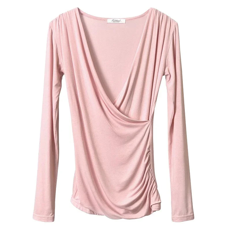 Solid Slim Waist V Neck Long Sleeve 's Tee