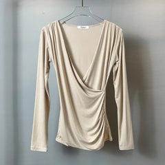 Solid Slim Waist V Neck Long Sleeve 's Tee