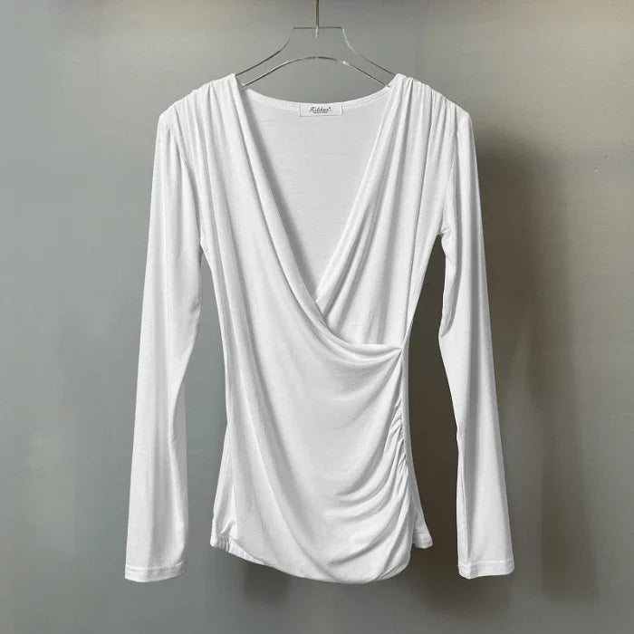 Solid Slim Waist V Neck Long Sleeve 's Tee