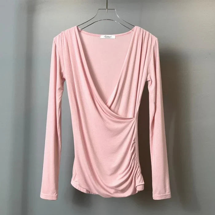 Solid Slim Waist V Neck Long Sleeve 's Tee