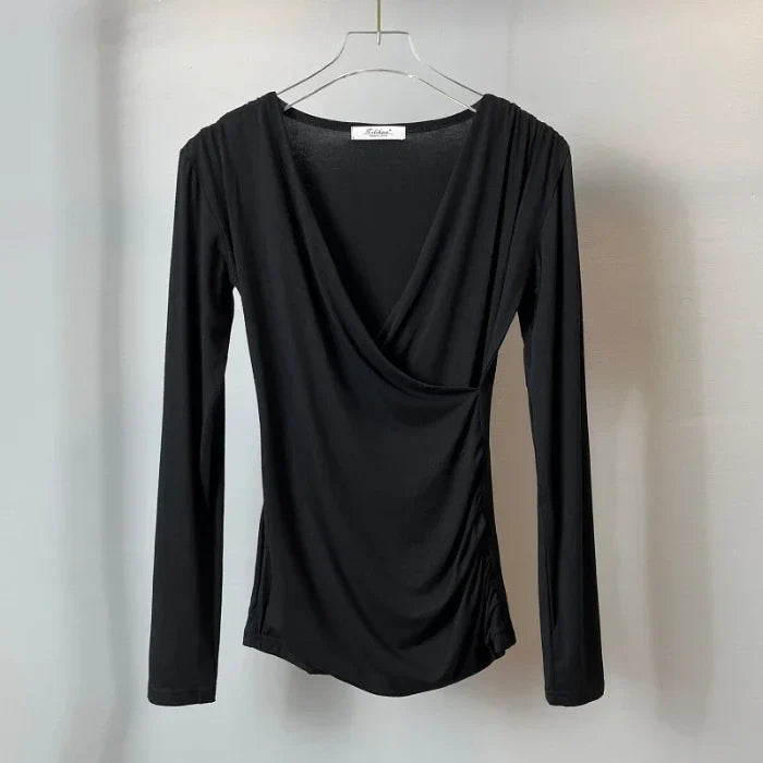 Solid Slim Waist V Neck Long Sleeve 's Tee