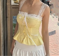 Spliced Lace Slash Ruched Top