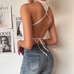 Backless Off Shoulder Lace up Vest Clubwear Bodycon Summer Outwear White Solid Camis Crop Top