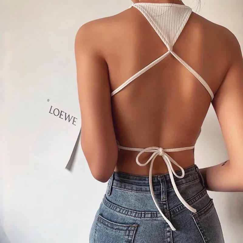 Backless Off Shoulder Lace up Vest Clubwear Bodycon Summer Outwear White Solid Camis Crop Top