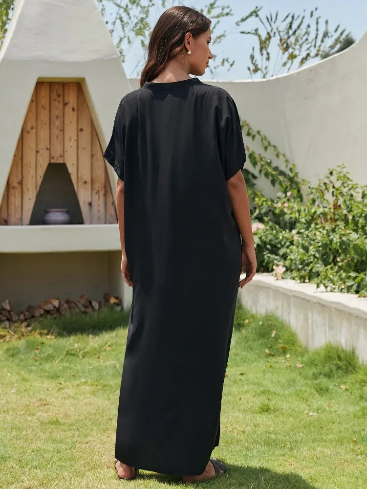 Elegant Black Leaf Embroidered Short Sleeve Maxi Dress