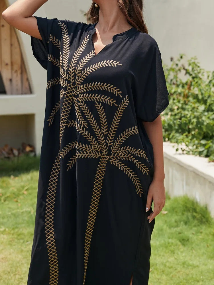 Elegant Black Leaf Embroidered Short Sleeve Maxi Dress