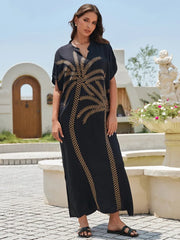 Elegant Black Leaf Embroidered Short Sleeve Maxi Dress