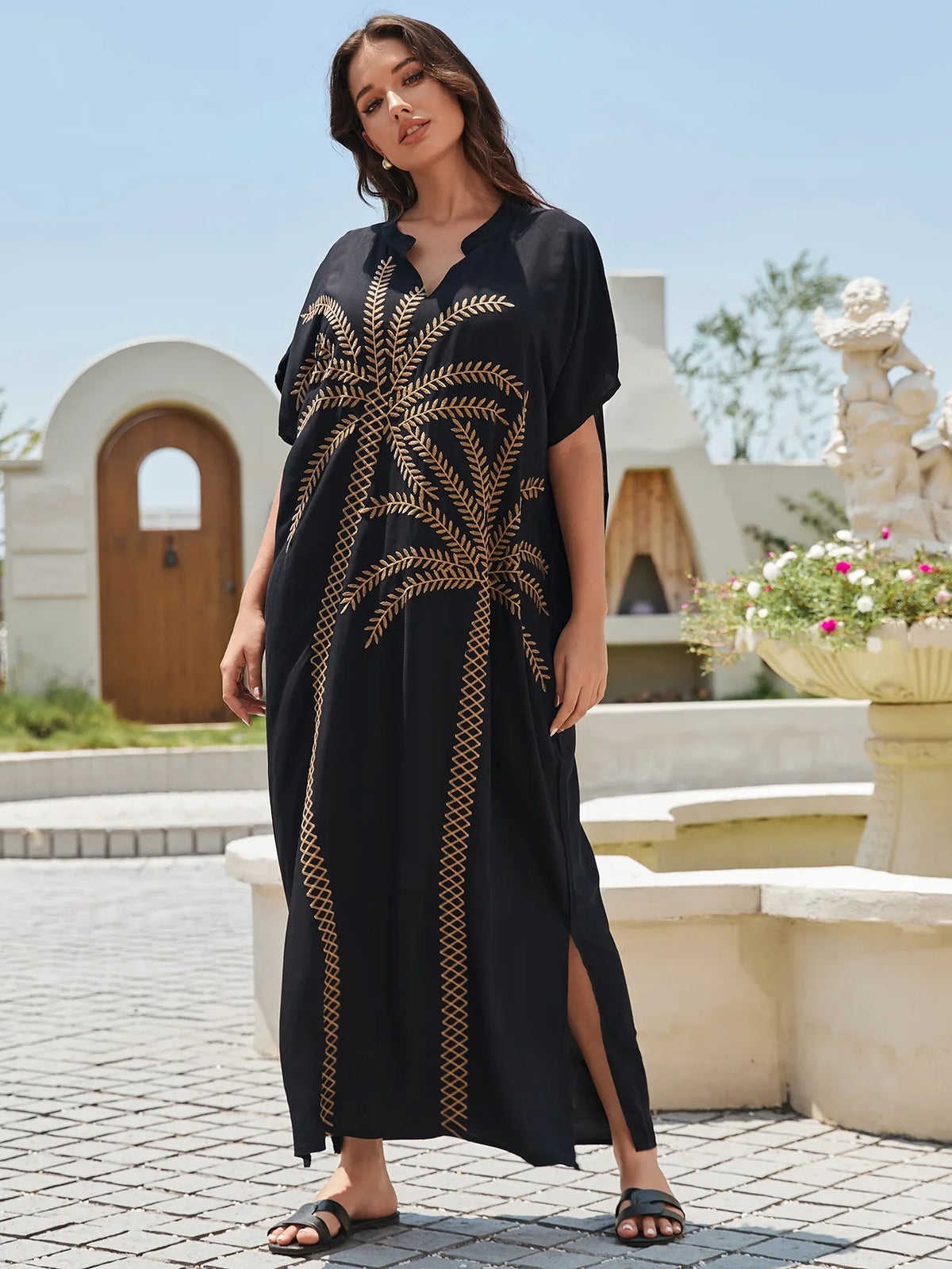 Elegant Black Leaf Embroidered Short Sleeve Maxi Dress