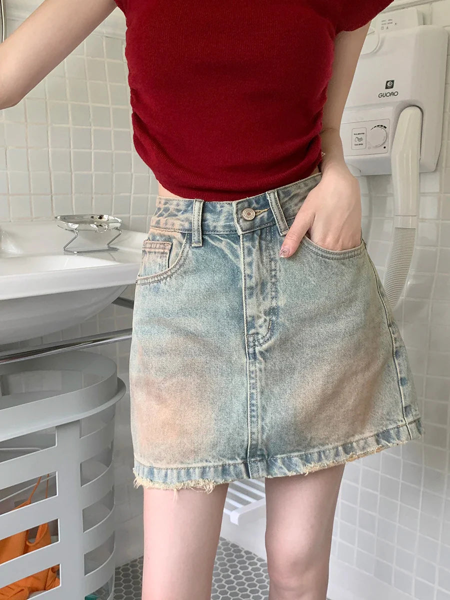 American Retro Raw Hem A line Mini Skirt