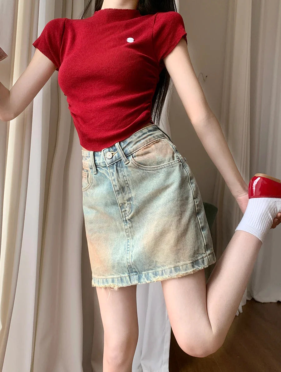 American Retro Raw Hem A line Mini Skirt