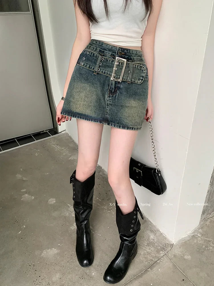 American Retro Denim High Waist A line Short Skirt