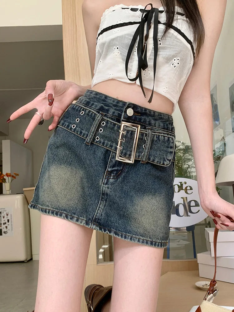 American Retro Denim High Waist A line Short Skirt