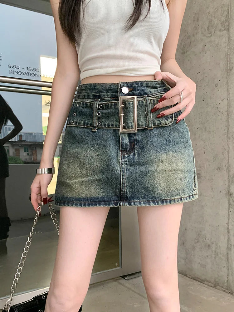 American Retro Denim High Waist A line Short Skirt