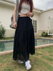 Black Lace Ruffled High Waist A Line Skirt