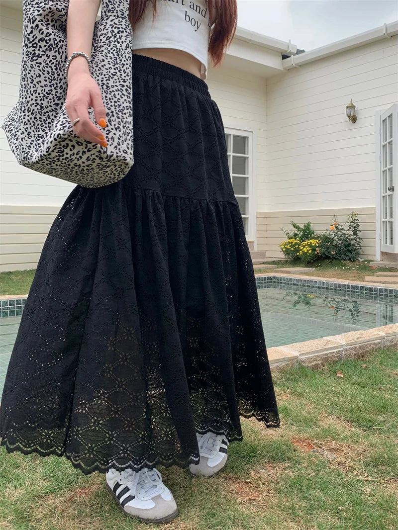 Black Lace Ruffled High Waist A Line Skirt