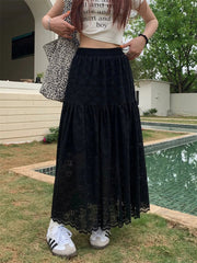 Black Lace Ruffled High Waist A Line Skirt