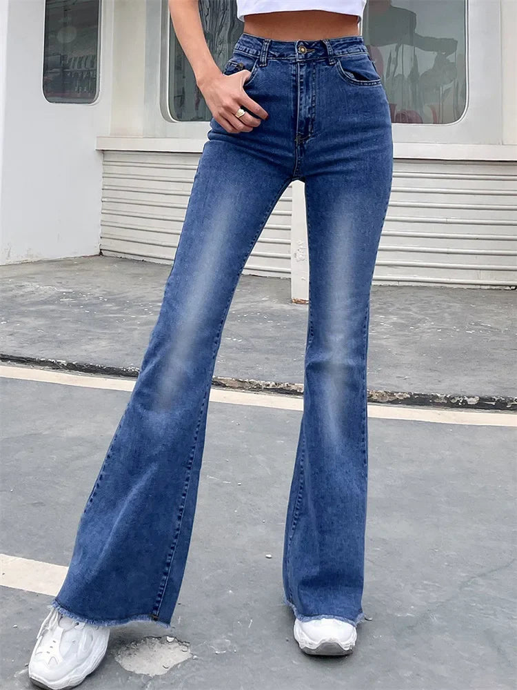 Button Fly Raw Hem Autumn High Waist Slim Flare Jeans