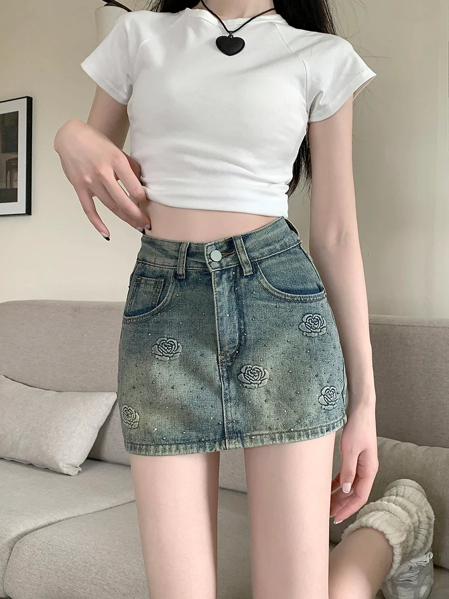 Hot Diamond Floral Denim A line Mini Skirt